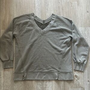 Aerie V Neck Pullover Sweatshirt Textured Olive Green